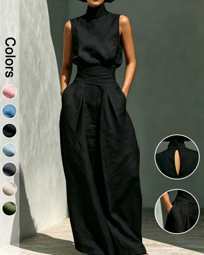 High Neck Sleeveless Wide Leg Waist Jumpsuit