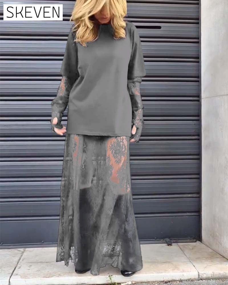 Ensemble deux pièces - t-shirt uni et jupe en dentelle