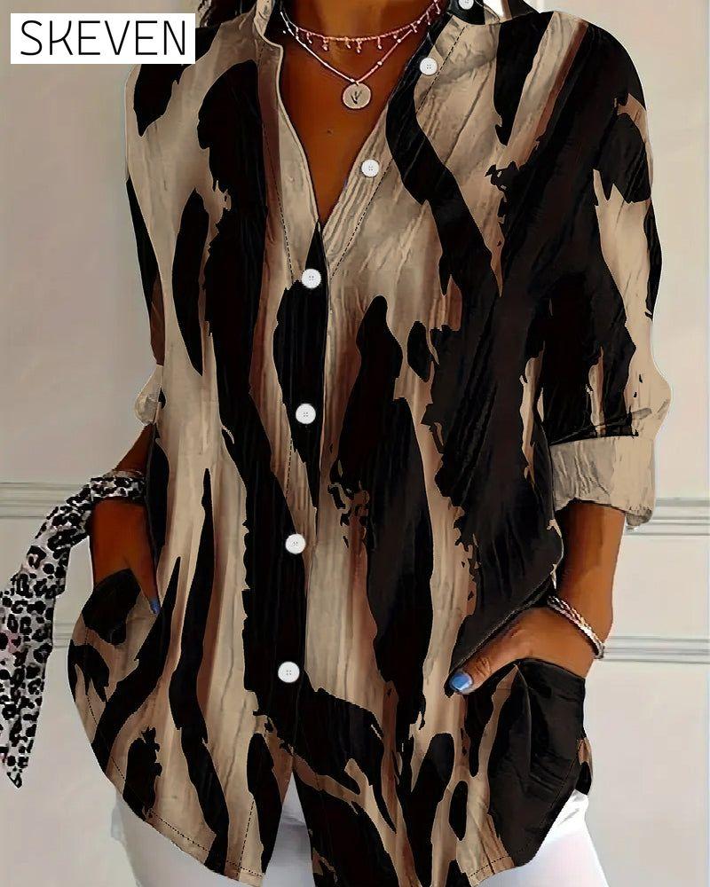 Stand Collar Irregular Printed Blouse