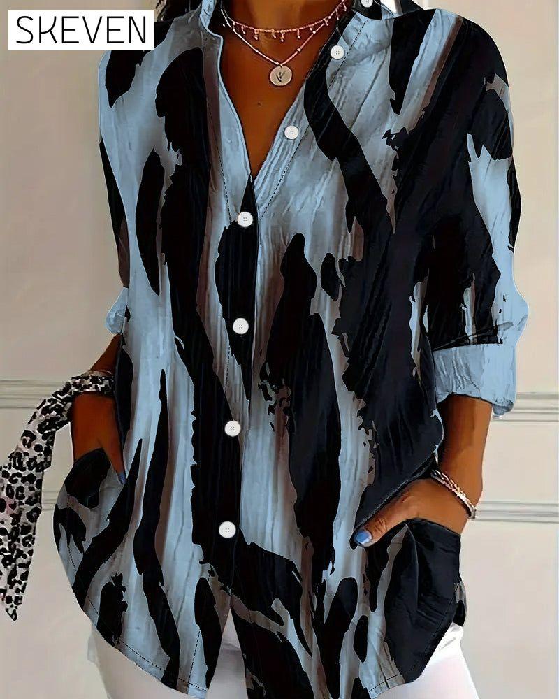 Stand Collar Irregular Printed Blouse