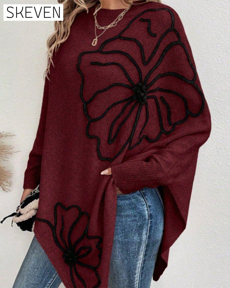 Lockerer Pullover mit Fledermausärmeln, Blumenmuster