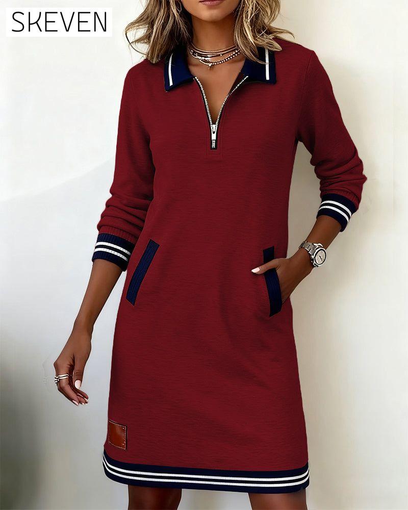Zipper Lapel Long Sleeve Dress