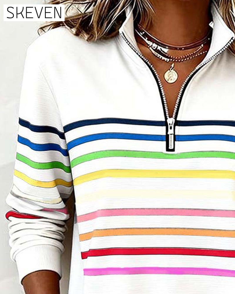 Modisches Sweatshirt mit Regenbogenstreifen und halbem Reißverschlusskragen