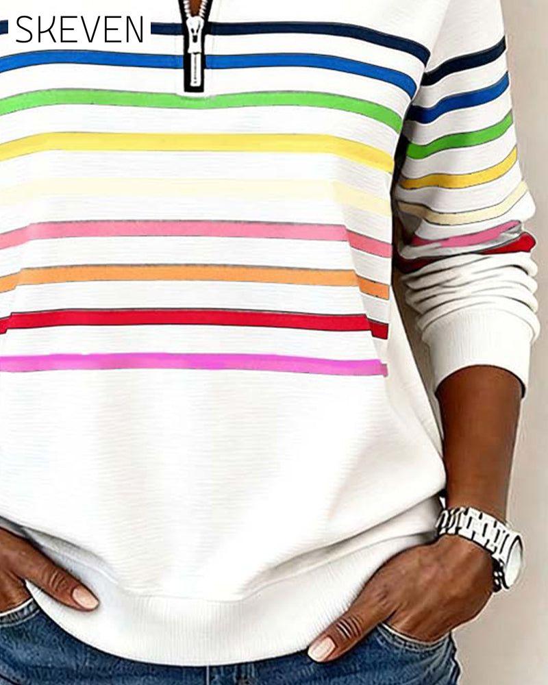 Modisches Sweatshirt mit Regenbogenstreifen und halbem Reißverschlusskragen