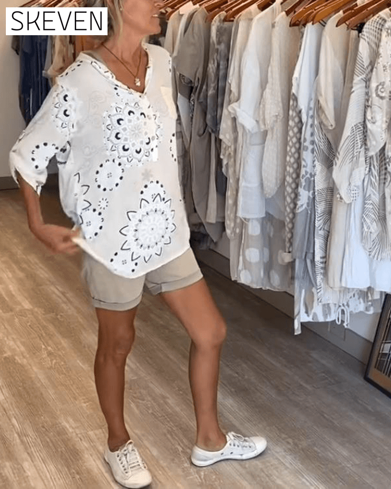 Versatile V-Neck Printed Half Sleeves Blouse