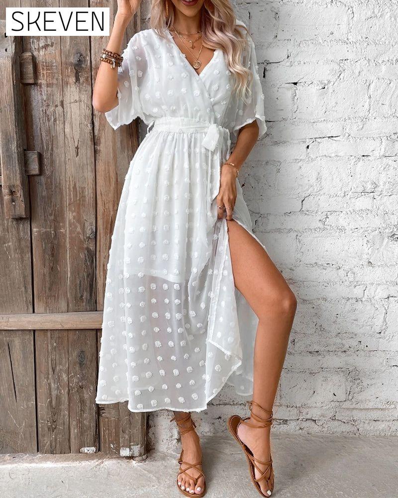 Solid color v neck elegant dress
