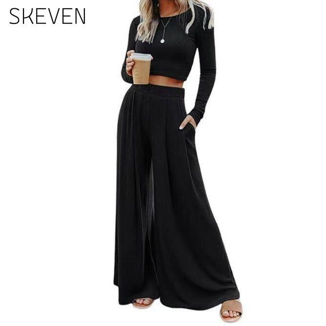 Solid Color Ribbed Crop Top Long Pants Set 2 piece Best Sellers bottoms clothes crop top EDM Monthly Recomend Fabric Ribbed long pants set Occasion Daily Print Solid Color Season Winter set sets shirts Silhouette Wide Leg Style Casual