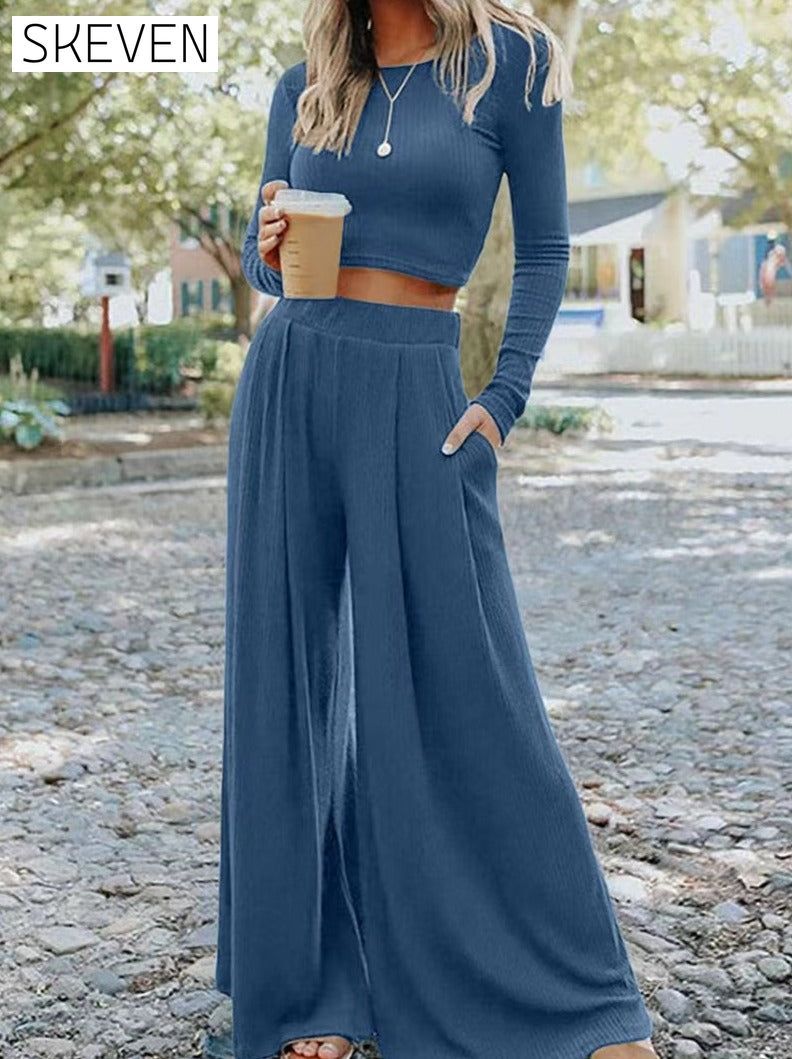 Solid Color Ribbed Crop Top Long Pants Set Blue 65%Polyester+25%Viscose+10%Elastane 2 piece Best Sellers bottoms clothes crop top EDM Monthly Recomend Fabric Ribbed long pants set Occasion Daily Print Solid Color Season Winter set sets shirts Silhouette Wide Leg Style Casual