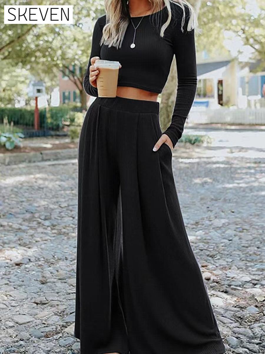 Solid Color Ribbed Crop Top Long Pants Set Black 65%Polyester+25%Viscose+10%Elastane 2 piece Best Sellers bottoms clothes crop top EDM Monthly Recomend Fabric Ribbed long pants set Occasion Daily Print Solid Color Season Winter set sets shirts Silhouette Wide Leg Style Casual