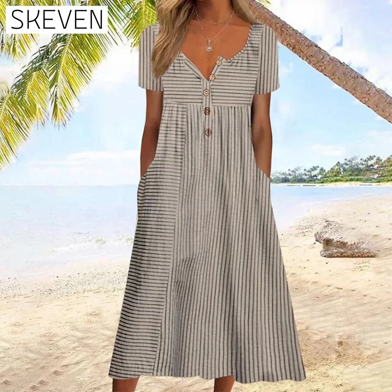 Striped Print Short Sleeve Dress Dark brown 23BF Casual Dresses Clothes Dresses SALE Spring Summer