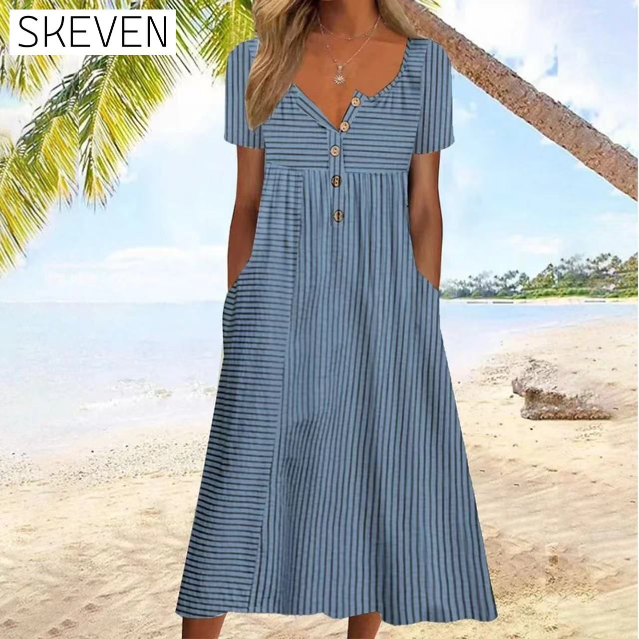 Striped Print Short Sleeve Dress Navy blue 23BF Casual Dresses Clothes Dresses SALE Spring Summer