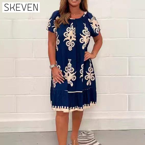 Printed round neck dress Navy blue 23BF Casual Dresses Clothes Dresses Spring Summer
