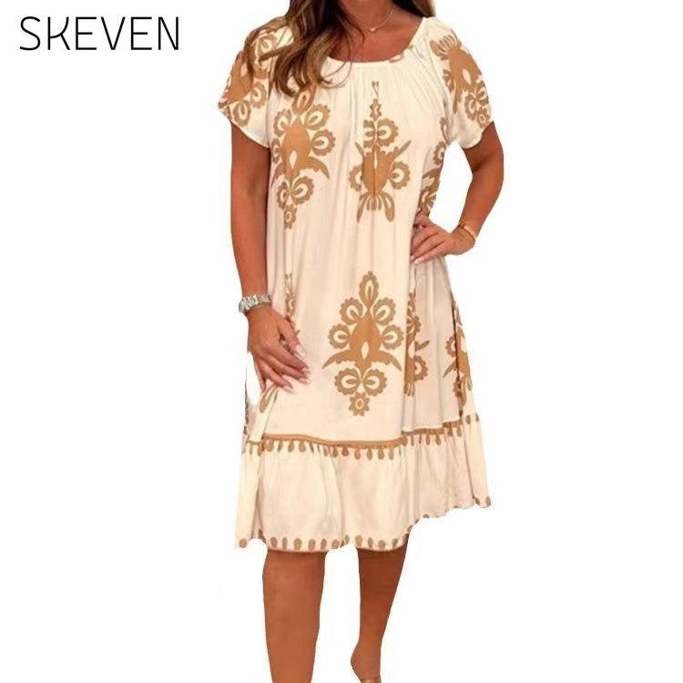 Printed round neck dress Apricot 23BF Casual Dresses Clothes Dresses Spring Summer