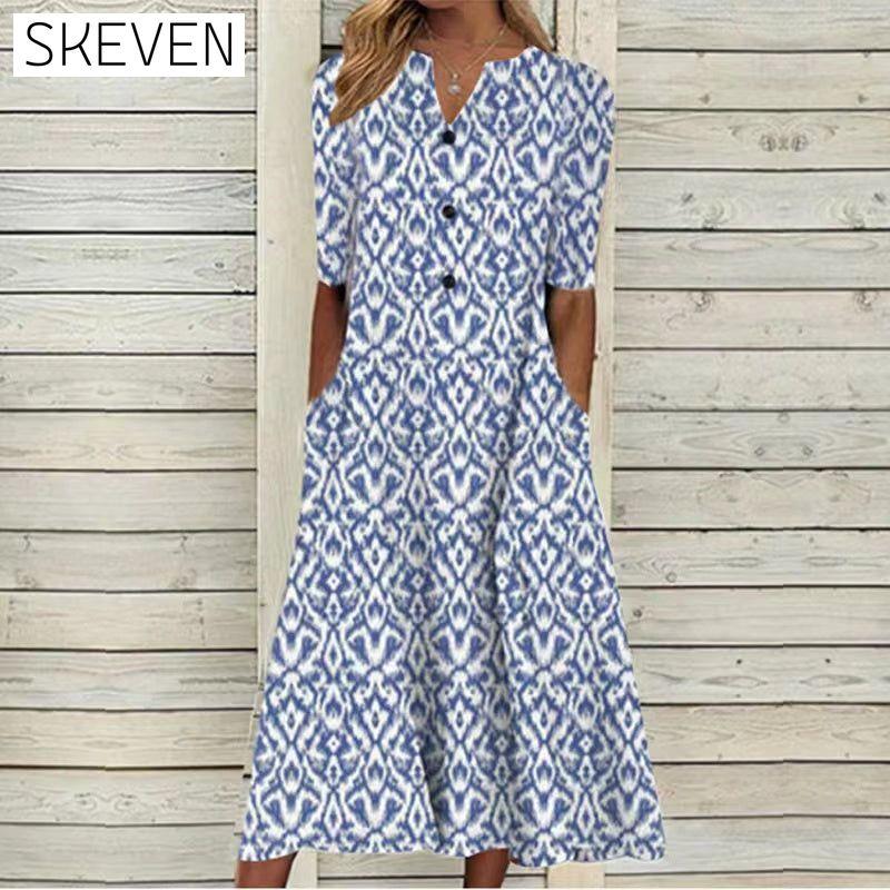 V-neck fashion print button dress Blue 23BF Casual Dresses Clothes Dresses SALE Spring Summer