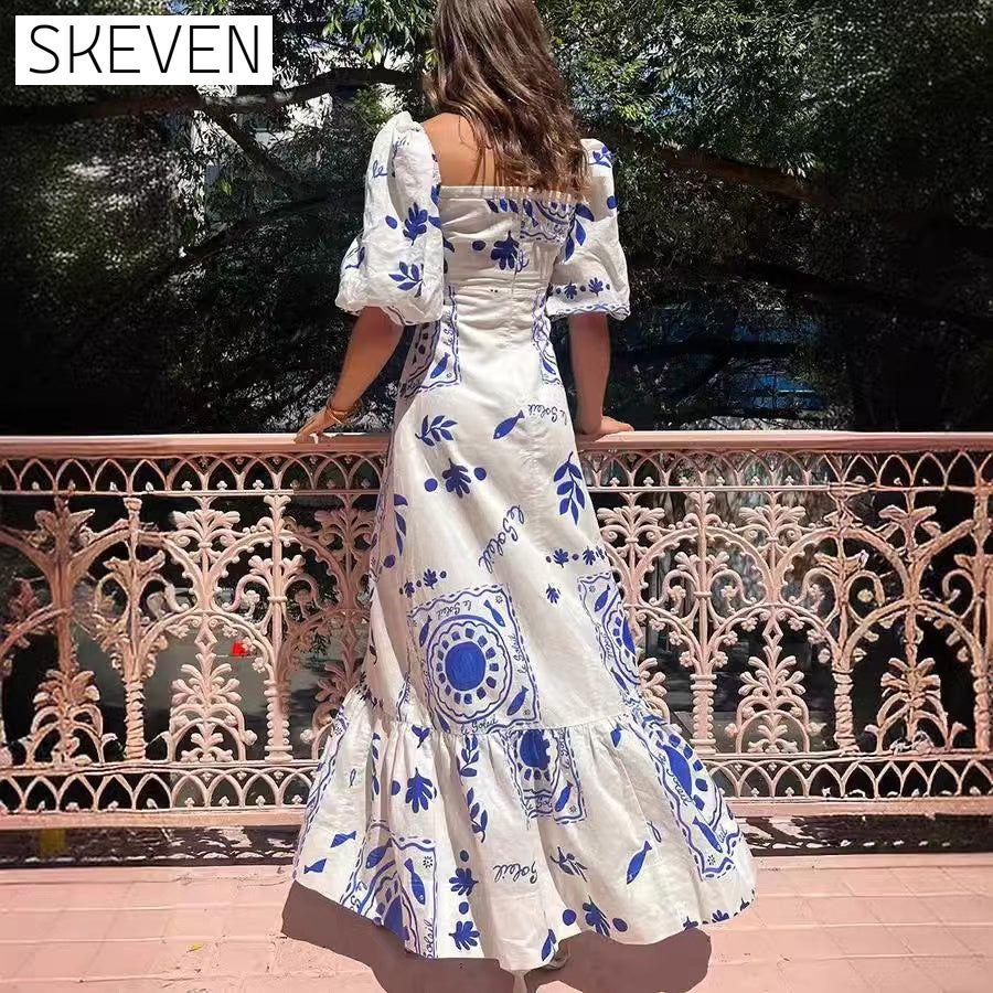 Elegant floral print puff sleeve A-line long dress casual dresses spring summer