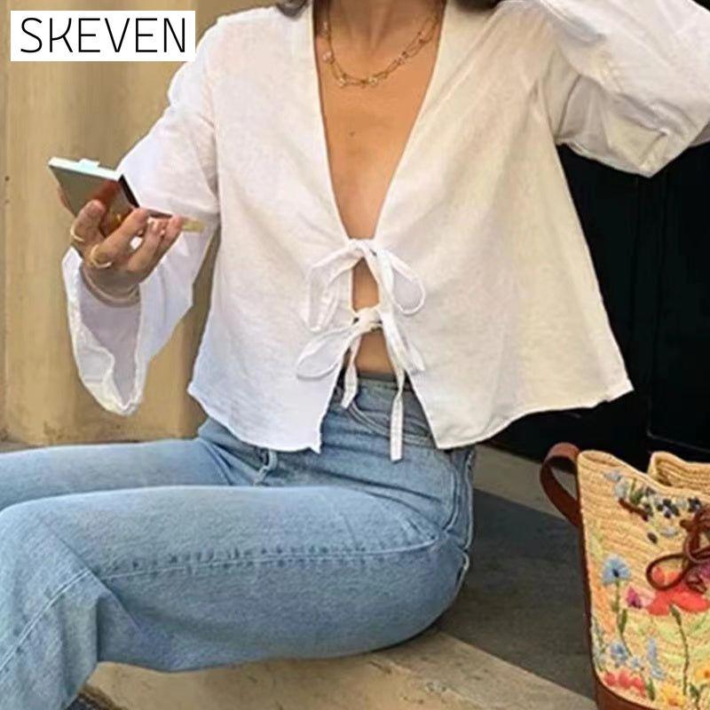 Hollow solid color strappy short-sleeved top blouses & shirts summer