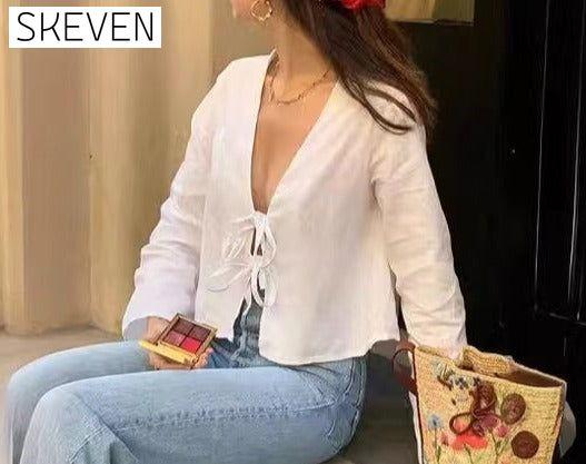 Hollow solid color strappy short-sleeved top blouses & shirts summer