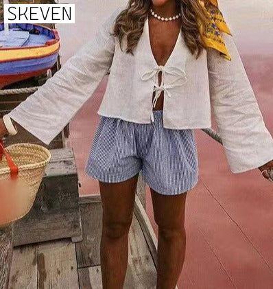 Hollow solid color strappy short-sleeved top White blouses & shirts summer