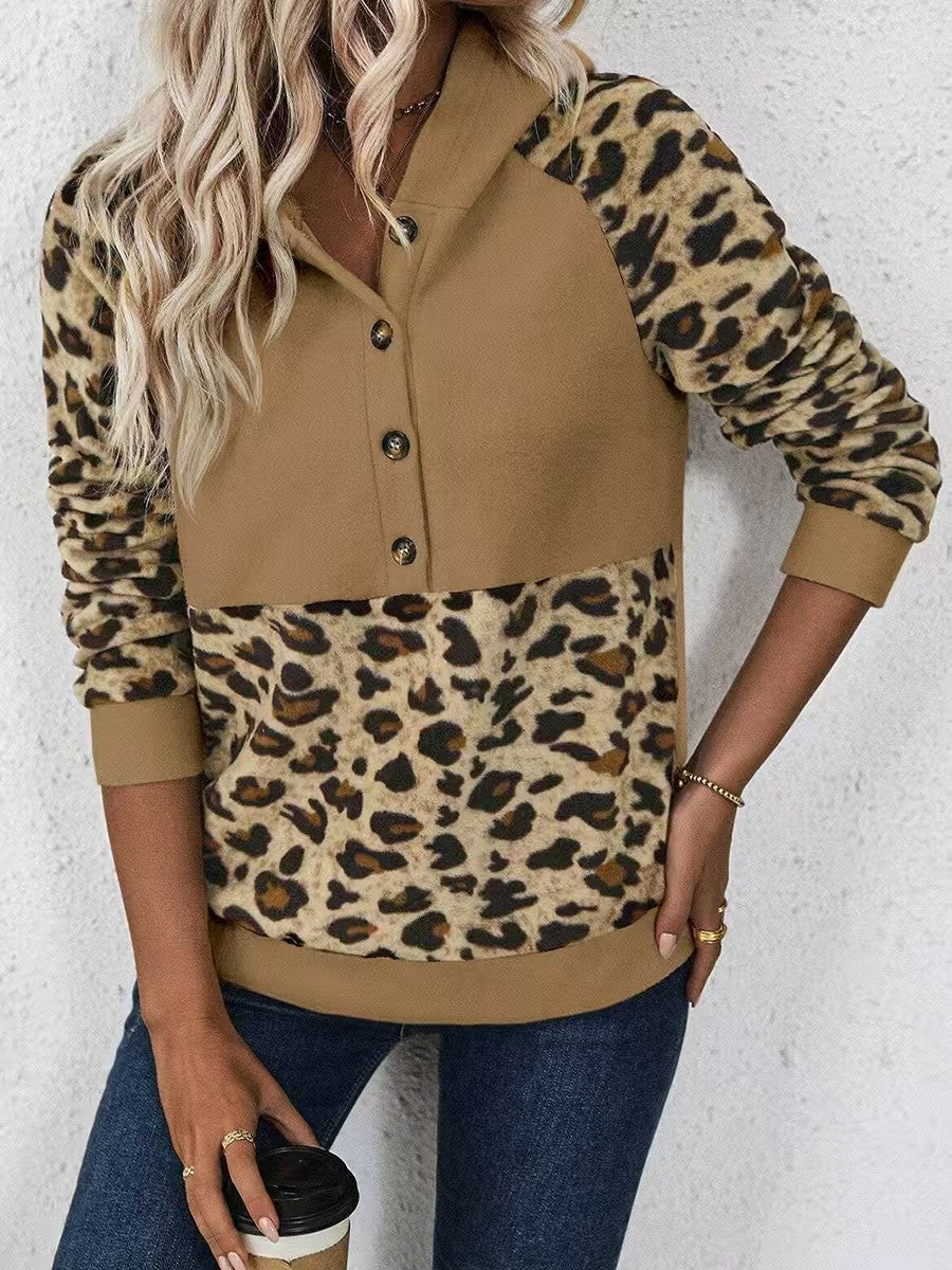 Zippered Leopard Print Color Block Hoodie