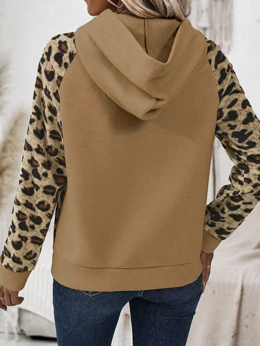 Zippered Leopard Print Color Block Hoodie