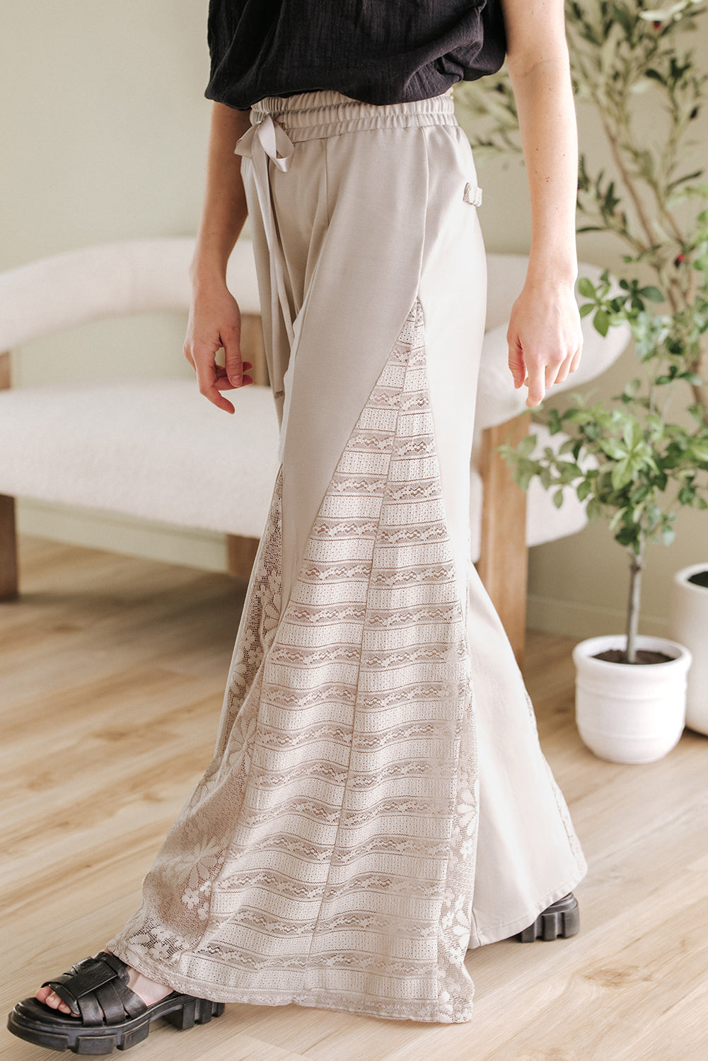 Blue Zone Planet |  Smoke Gray Boho Lace Patchwork Wide Leg High Waist Pants
