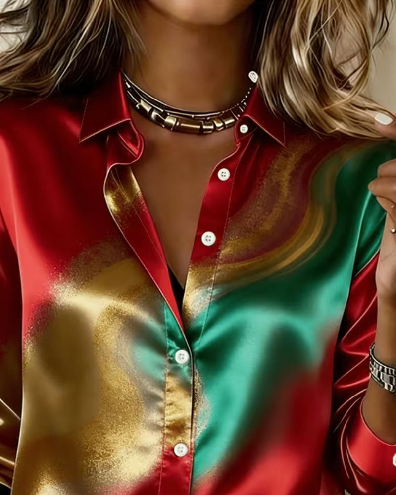 Color-Block Lapel Long Sleeve Shirt