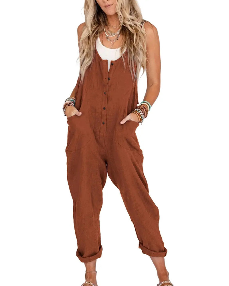 Button Decorative Pocket Casual Jumpsuits