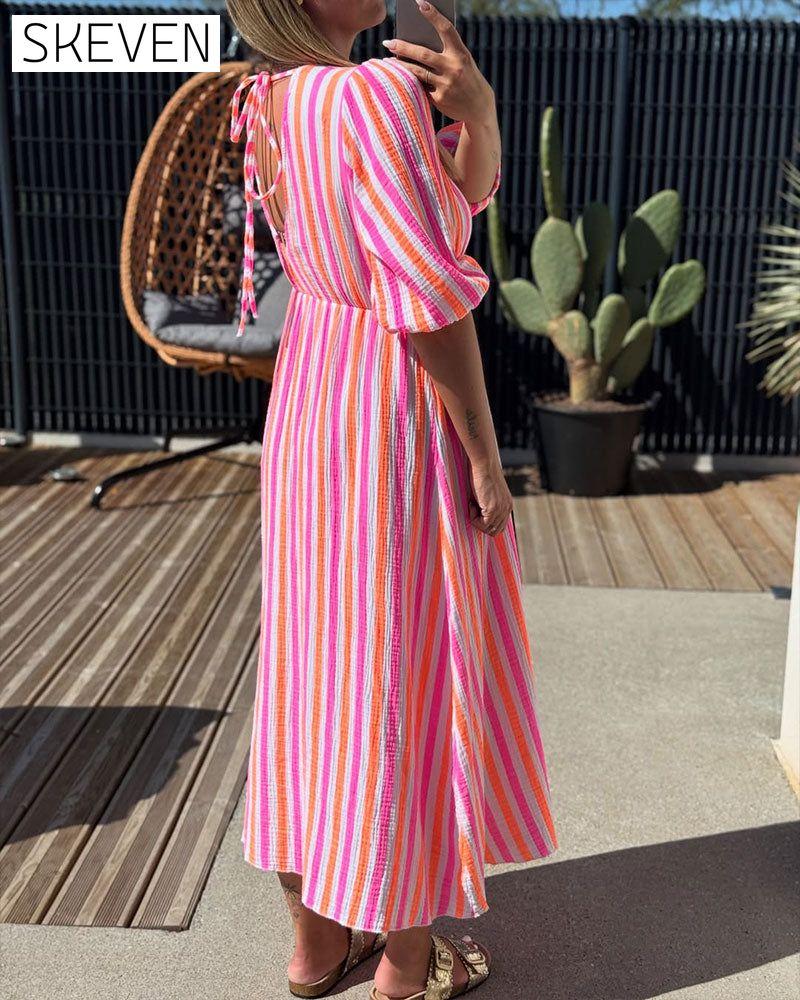 V-Neck Striped A-Line Dress