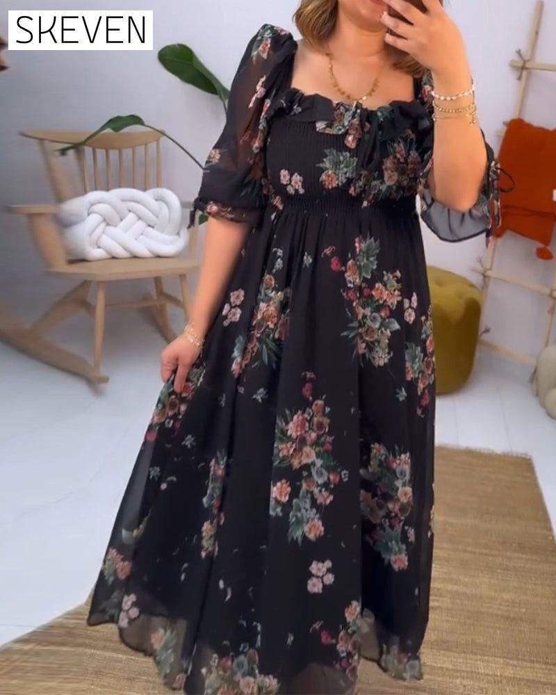 Floral print square neck elegant dress