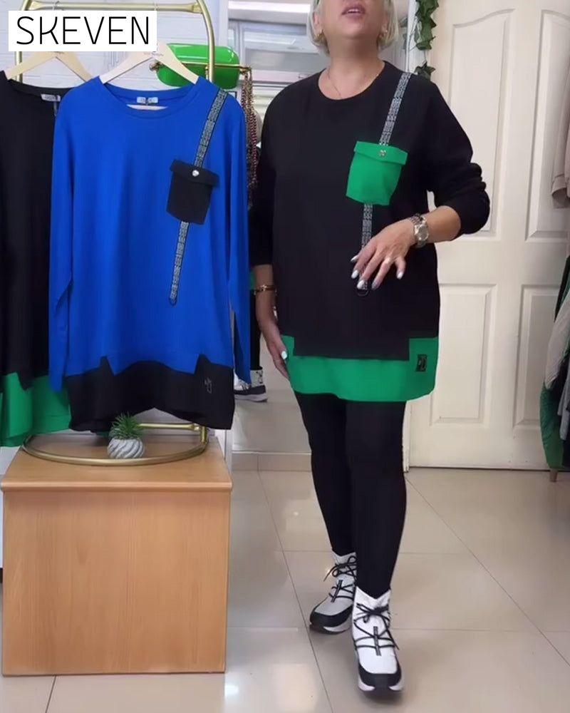 Sweat-shirt décontracté à col rond et poches contrastées