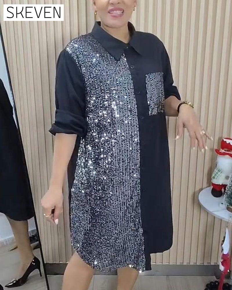 Sequin Lapel Shirt Dress