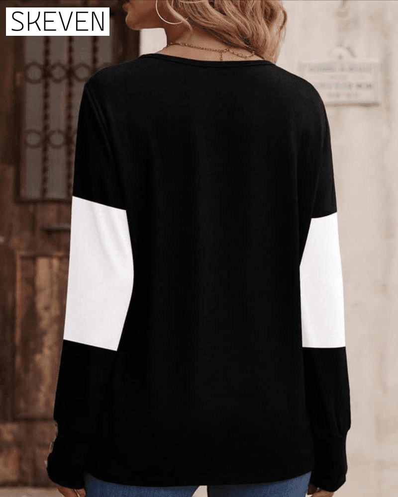 Women's Colorblock Print Button Decor Drop Shoulder Tee