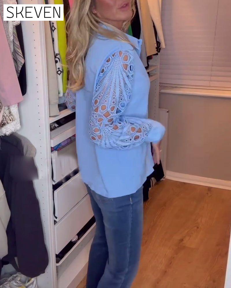 chemise unie à revers et manches en dentelle