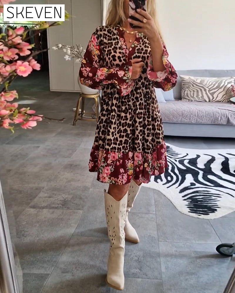Fashionable leopard floral print bell sleeve dress 2024 f/w casual dresses spring