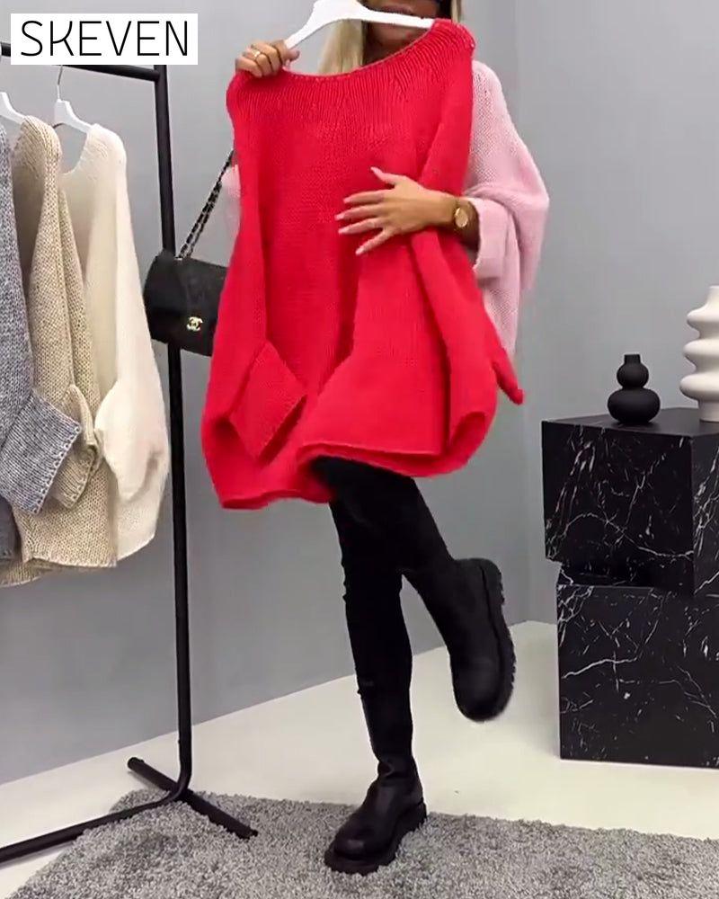 Fashion solid color bat sleeve round neck pullover