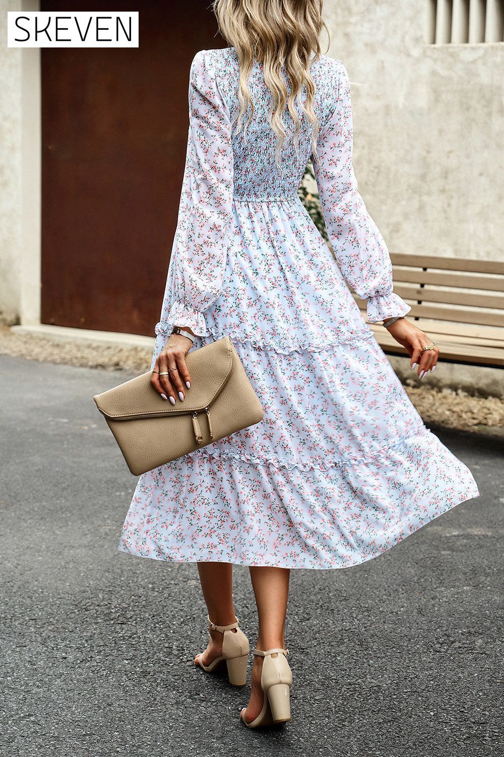 Smocked Flounce Sleeve Midi Dress clothes DY Ship From Overseas trendsi