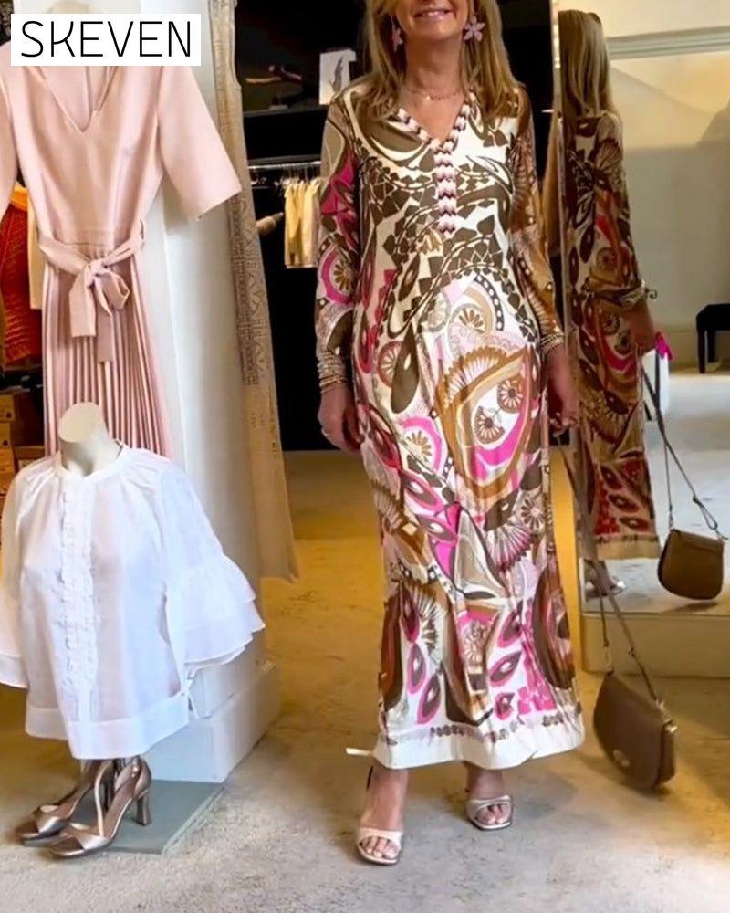 Lässiges langes Kleid mit V-Ausschnitt und Print