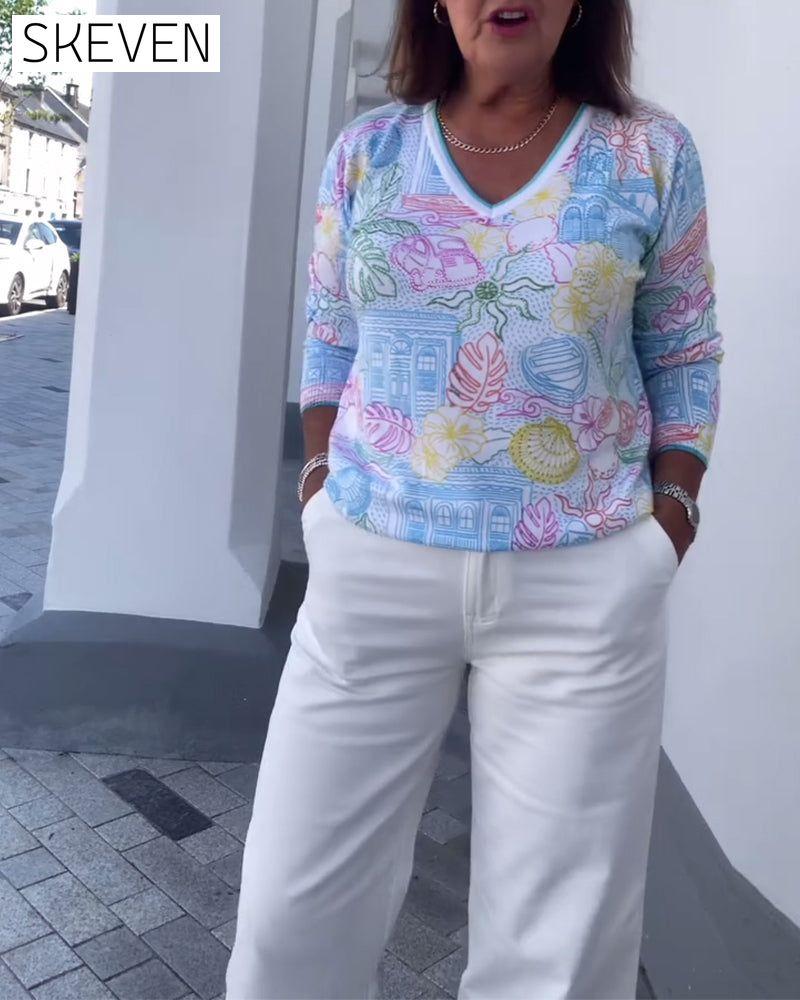 V-Neck Printed Fashion Sweater
