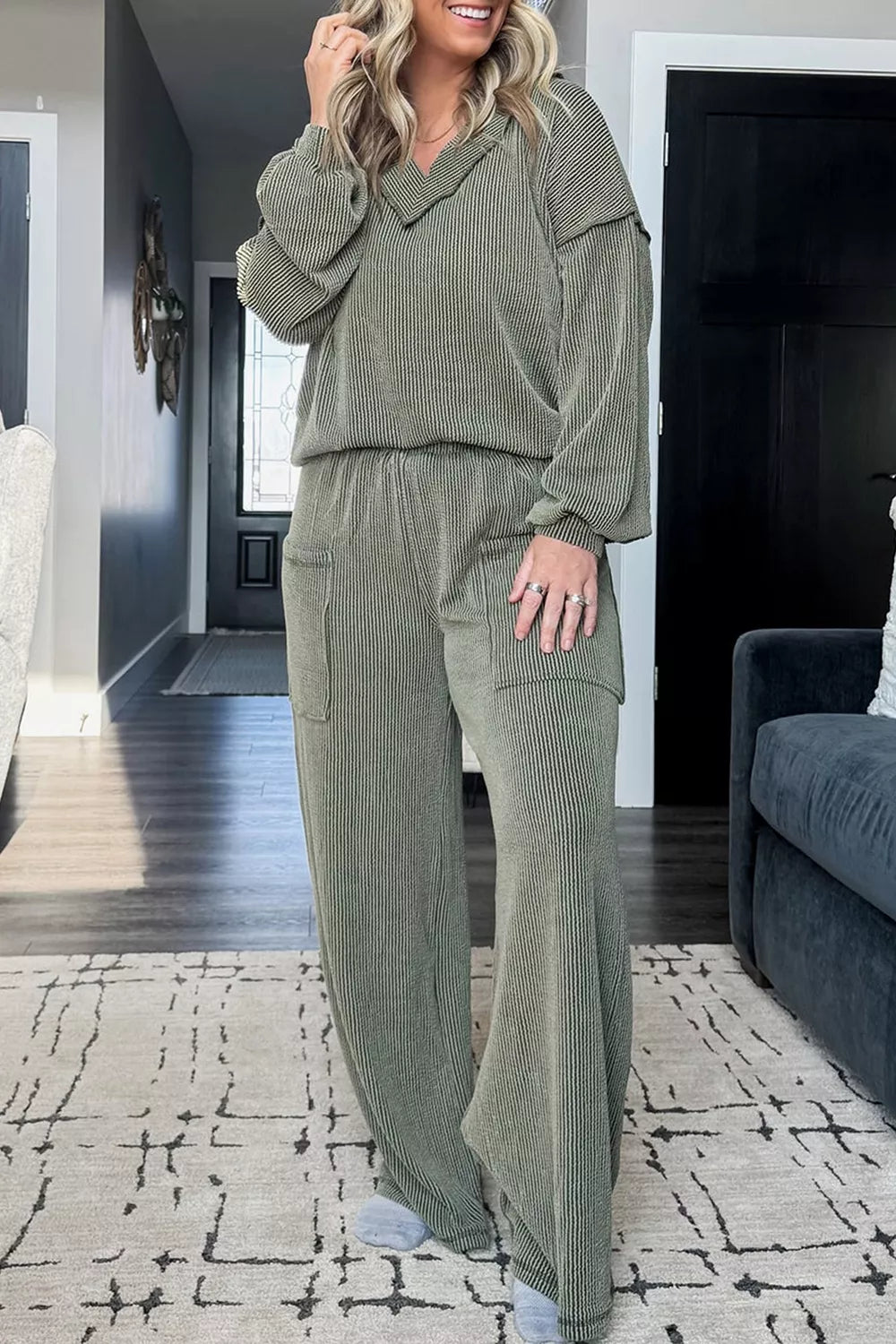 Plus Size Twisted Ribbed Exposed Seam Detail V Neck Top and Pants Set