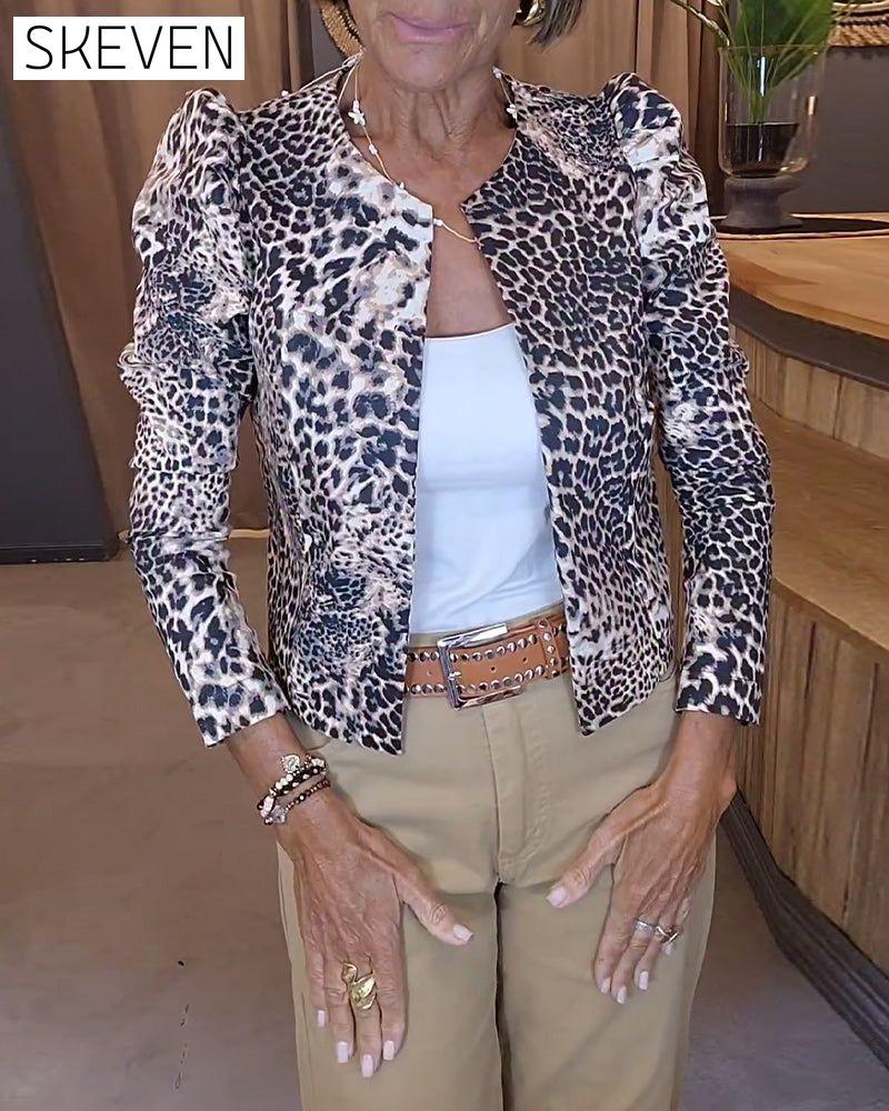 Leopard print puff sleeve casual jacket