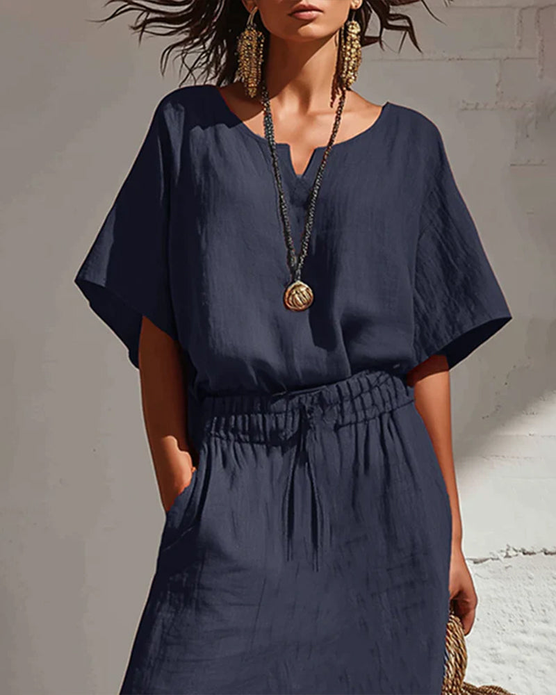 Relaxed Short Sleeve Split Skirt Two-Piece Set