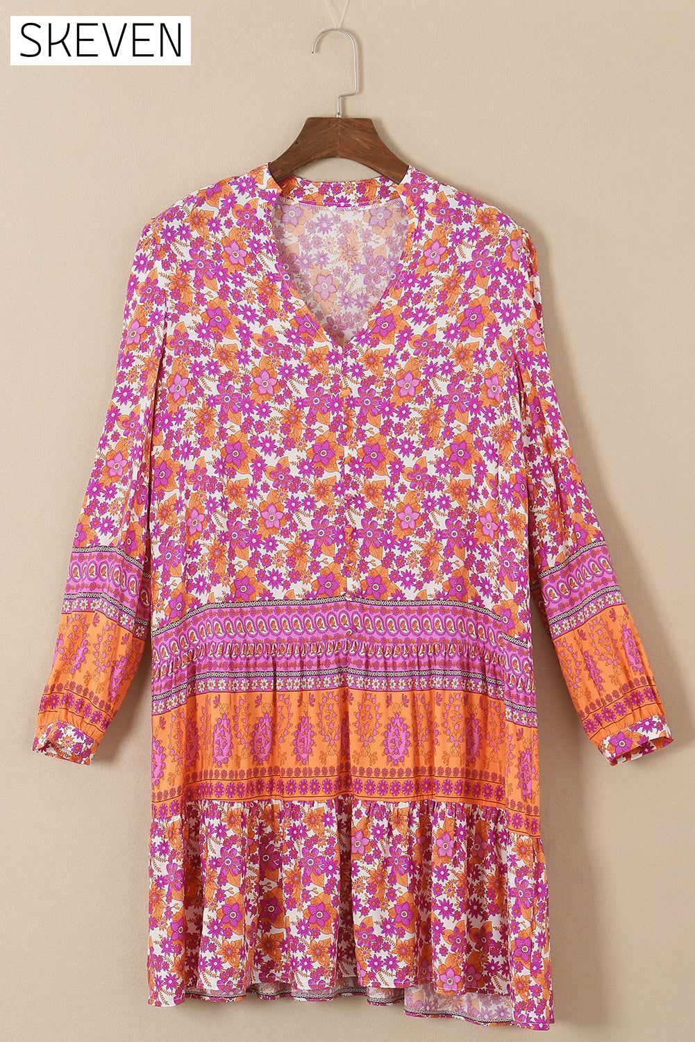 Rose Boho Floral Puff Sleeve V-Neck Ruffled Dress All In Stock clothes Color Pink DL Mediterranean EDM Monthly Recomend Occasion Vacation Print Floral Season Spring Silhouette A-Line Style Bohemian