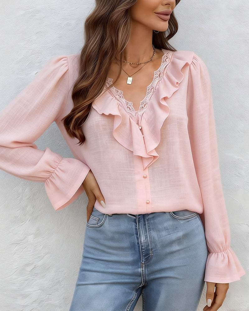 Lace-Paneled Ruffle V-Neck Blouse