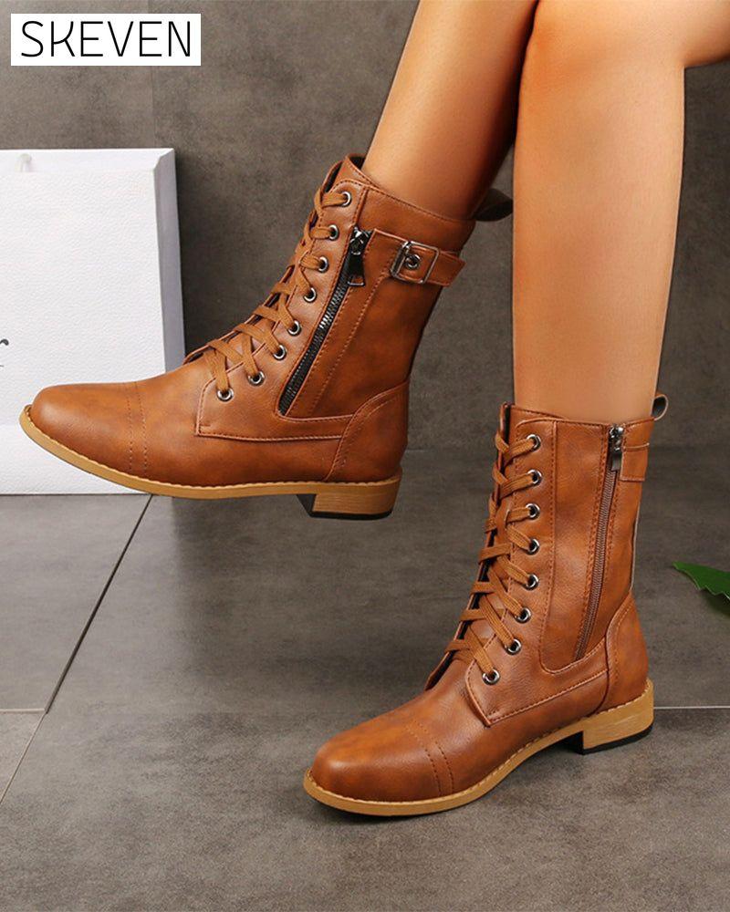 Women's Round Toe Side Zipper Leather Orthopedic Boots