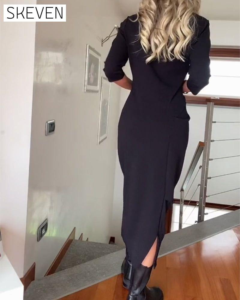 Round neck pleated solid color elegant dress