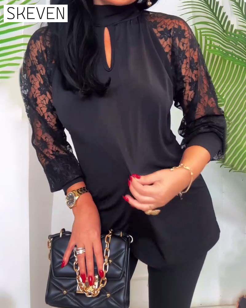 Fashion Solid Color Crochet Lace Sleeve Patchwork Top