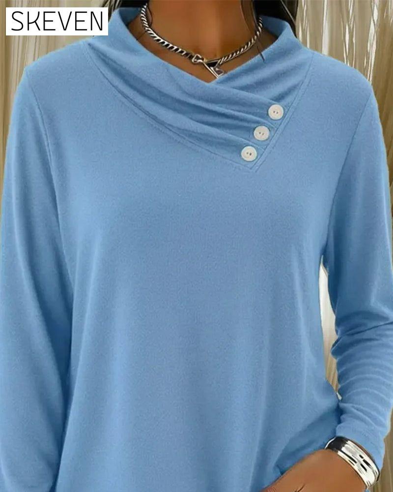 Three-Button Long-Sleeved Solid Color Top