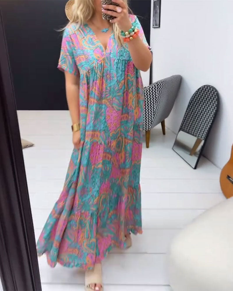 Heart Print V-Neck Maxi Dress