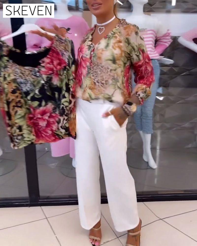 V-Neck Floral Print Blouse