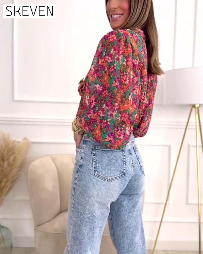 Puff-sleeve printed button-down shirt